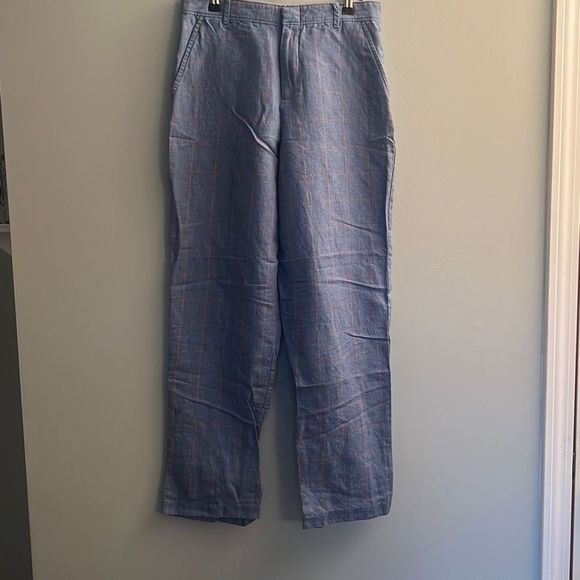 Women’s Blue Checkered Linen/Cotton Slacks - Picture 1 of 6